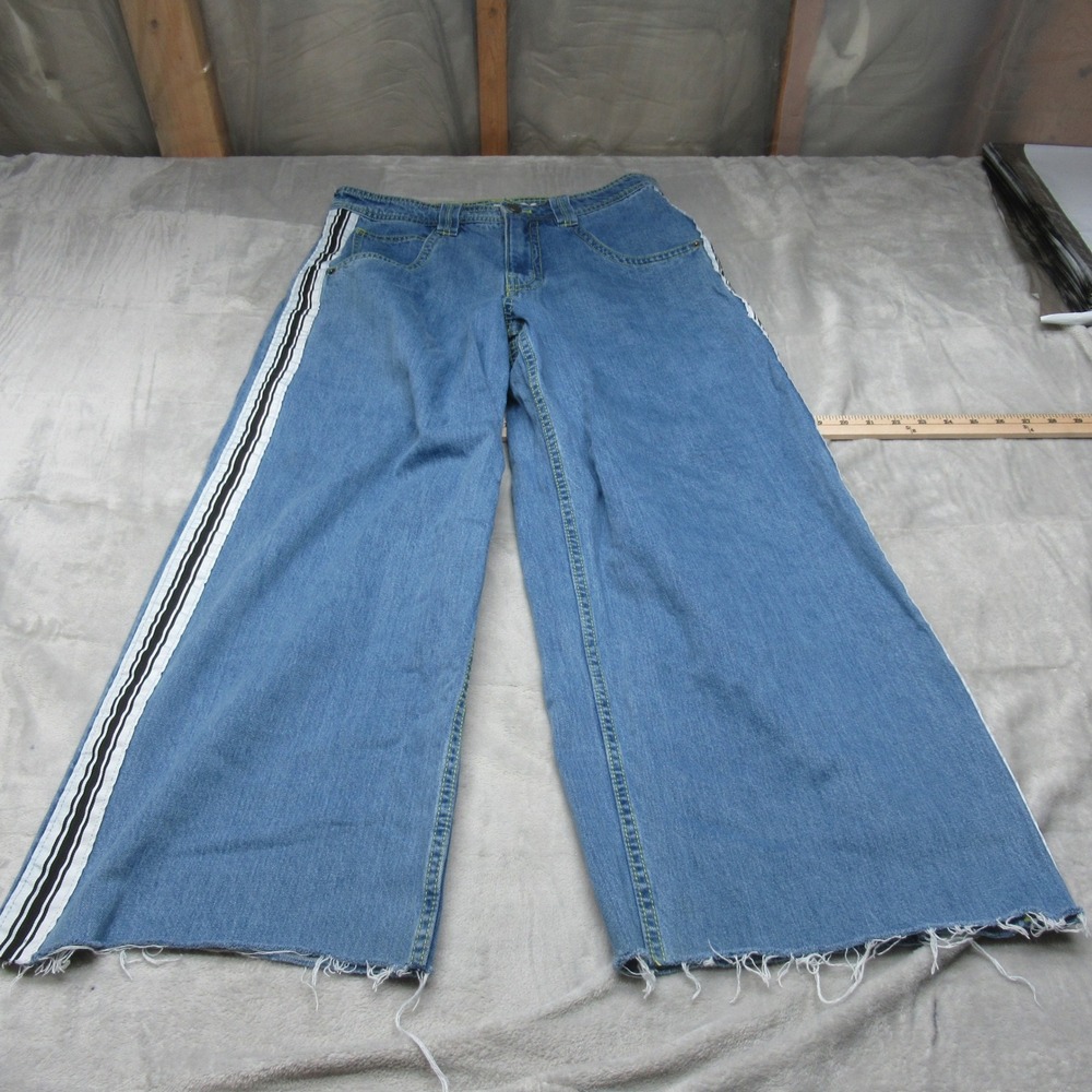 ALab Baggy Jeans Unisex 32x26‎ Blue Denim Wide Leg Side Stripe Rave VTG Y2K RARE